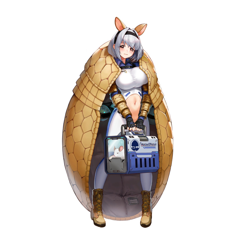1girl animal armadillo_ears bangs blush bodysuit boots breasts hair_intakes hairband highres large_breasts last_origin looking_at_viewer mr.yun navel navel_cutout saetti short_hair silver_hair solo tachi-e transparent_background wavy_mouth