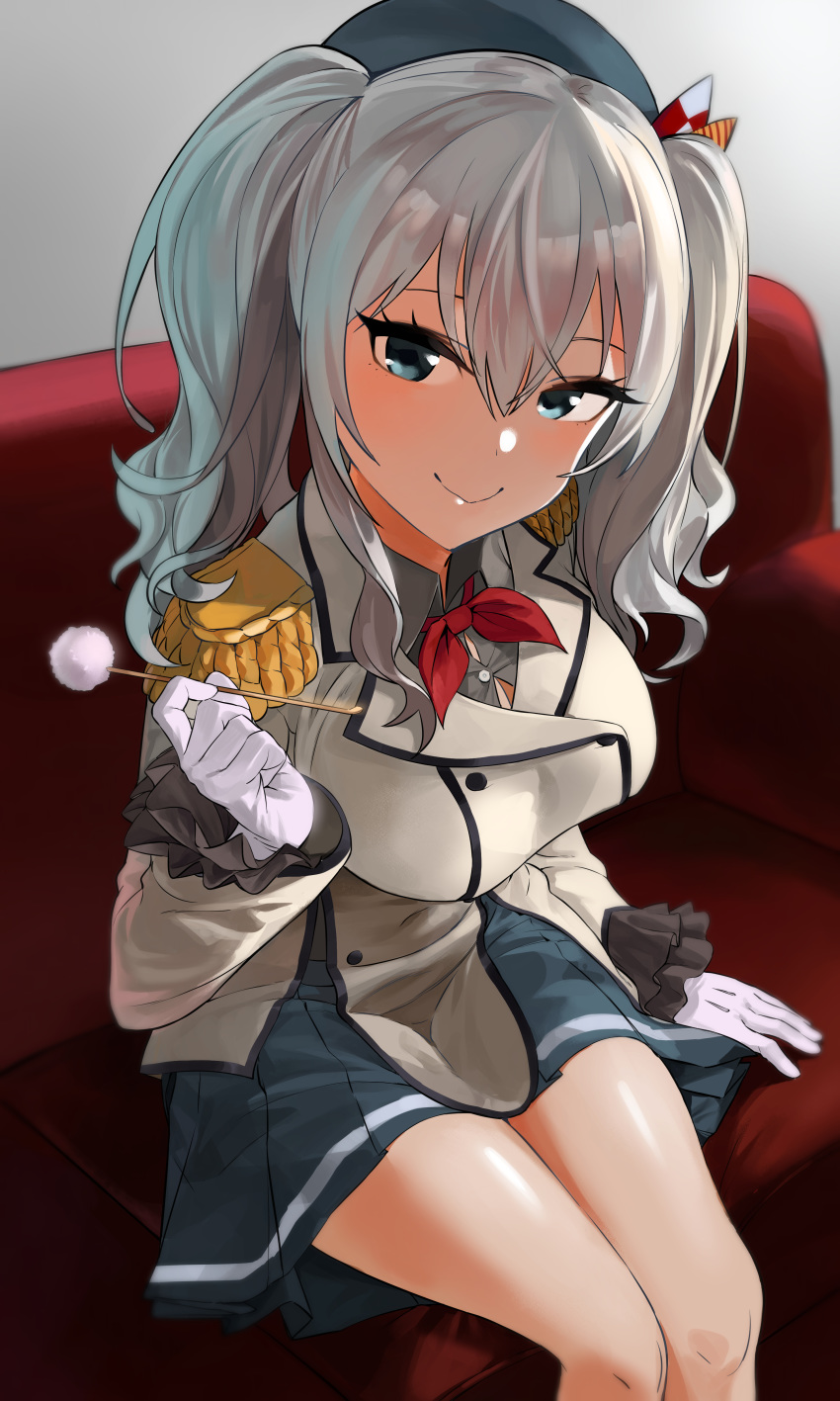 1girl absurdres beret black_skirt blue_eyes breasts couch epaulettes frilled_sleeves frills gloves gom_(kooskoo) hat highres indoors jacket kantai_collection kashima_(kantai_collection) kerchief large_breasts long_sleeves looking_at_viewer military military_jacket military_uniform mimikaki miniskirt neckerchief pleated_skirt red_neckwear sidelocks silver_hair sitting skirt smile solo twintails uniform wavy_hair white_gloves white_jacket