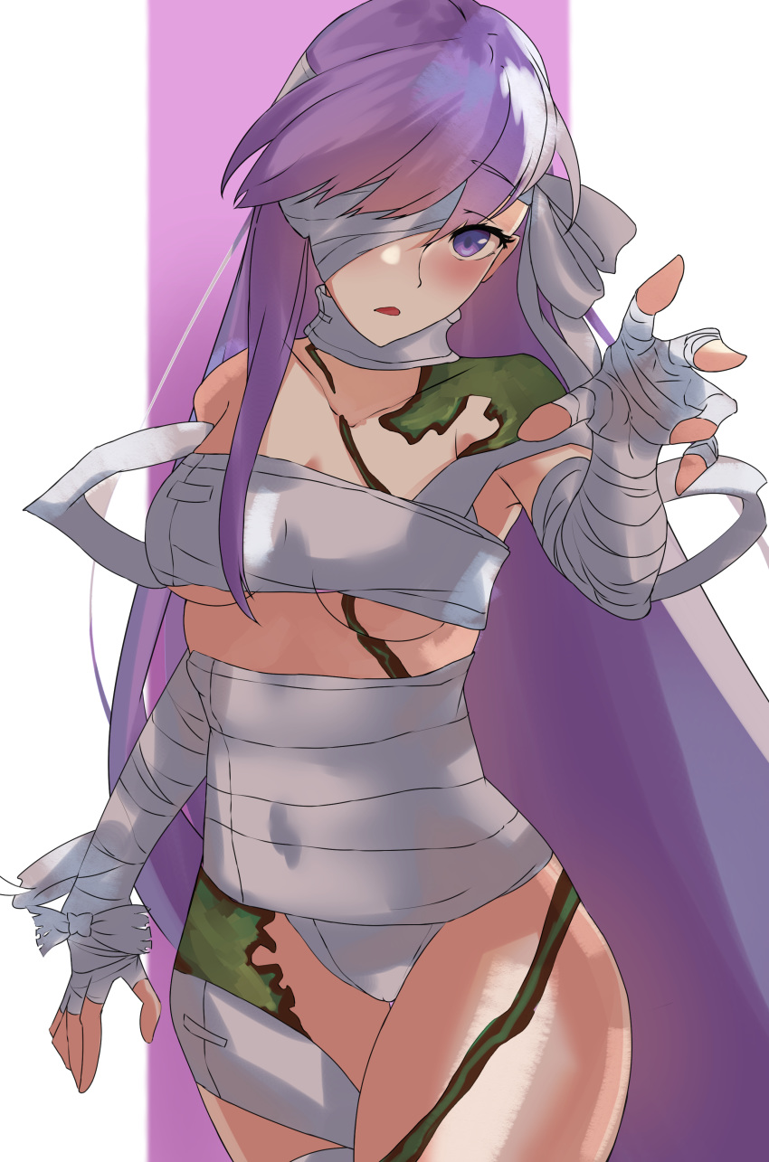 1girl absurdres bandage_over_one_eye bandaged_arm bandaged_head bandaged_leg bandages bangs bare_shoulders blush breasts covered_navel fate/extra fate/extra_ccc fate_(series) highres kingprotea long_hair looking_at_viewer moss musicatopos naked_bandage open_mouth purple_background small_breasts solo two-tone_background very_long_hair white_background
