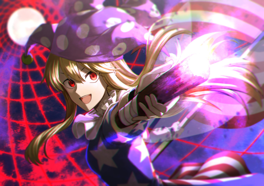 1girl american_flag_dress blush clownpiece commentary_request fairy_wings foreshortening hair_between_eyes hat highres holding_torch jester_cap long_hair looking_at_viewer neck_ruff open_mouth otoshiro_kosame polka_dot purple_headwear red_eyes smile solo star star_print striped torch touhou transparent_wings wings