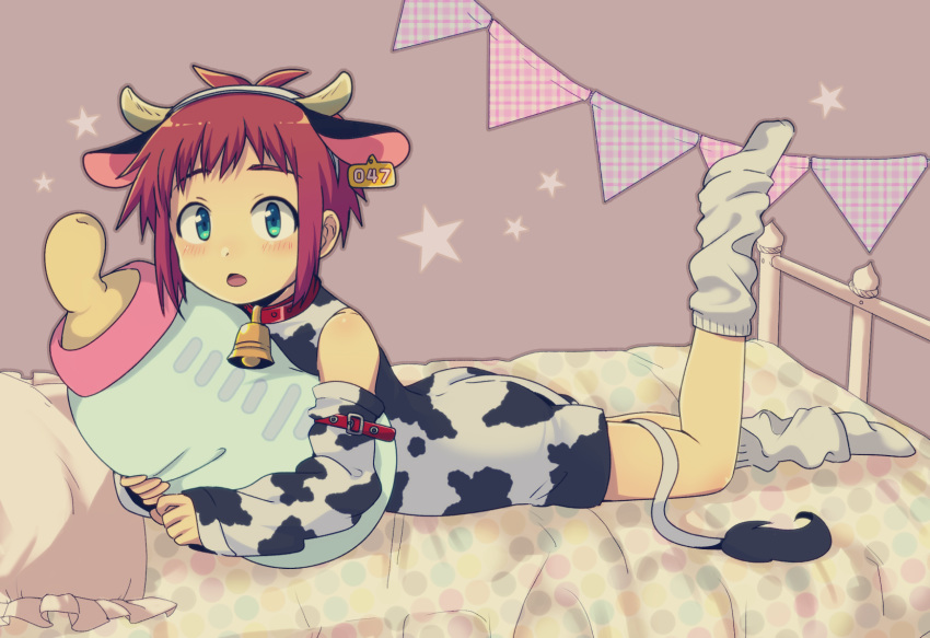 1boy animal_costume animal_ears animal_print blush cow_boy cow_costume cow_ears cow_horns cow_print cow_tail ear_tag full_body green_eyes highres horns looking_at_viewer loose_socks oginy on_bed original redhead solo stuffed_baby_bottle tail