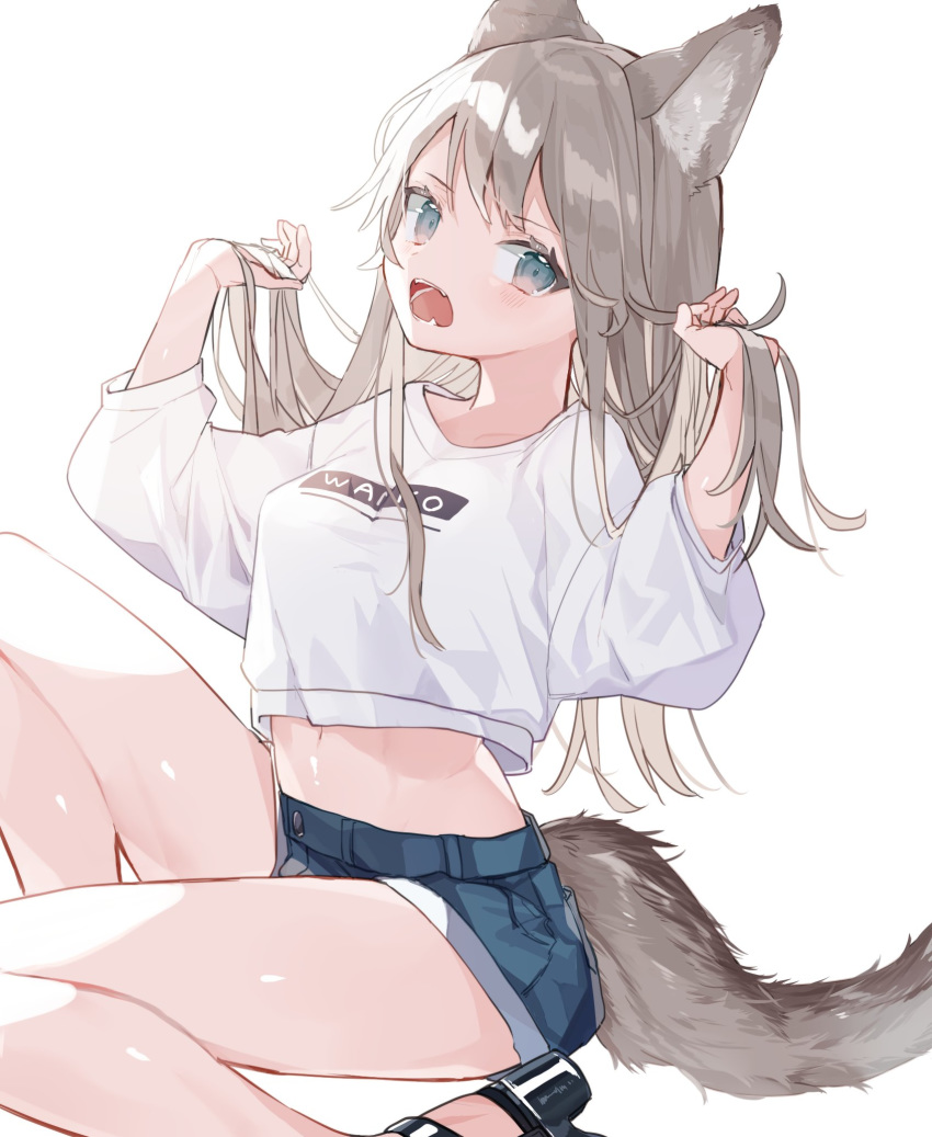 1girl animal_ears bare_legs blue_eyes blue_shorts clothes_writing commentary_request crop_top crop_top_overhang denim denim_shorts fangs grey_hair hands_up highres holding holding_hair knee_up long_hair long_sleeves looking_at_viewer midriff mokyuko navel open_mouth original sandals shirt short_shorts shorts simple_background solo stomach tail thighs white_background white_shirt wolf_ears wolf_girl wolf_tail