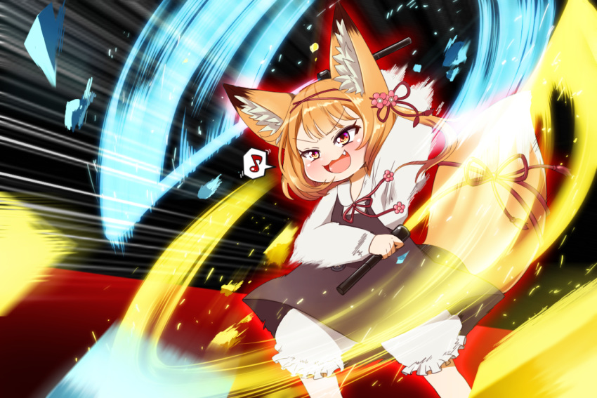 animal_ears beat_saber blush child commentary_request energy_sword f09fa4aa fang fox_ears fox_tail koume_(beat_saber) lightsaber open_mouth sword tail weapon
