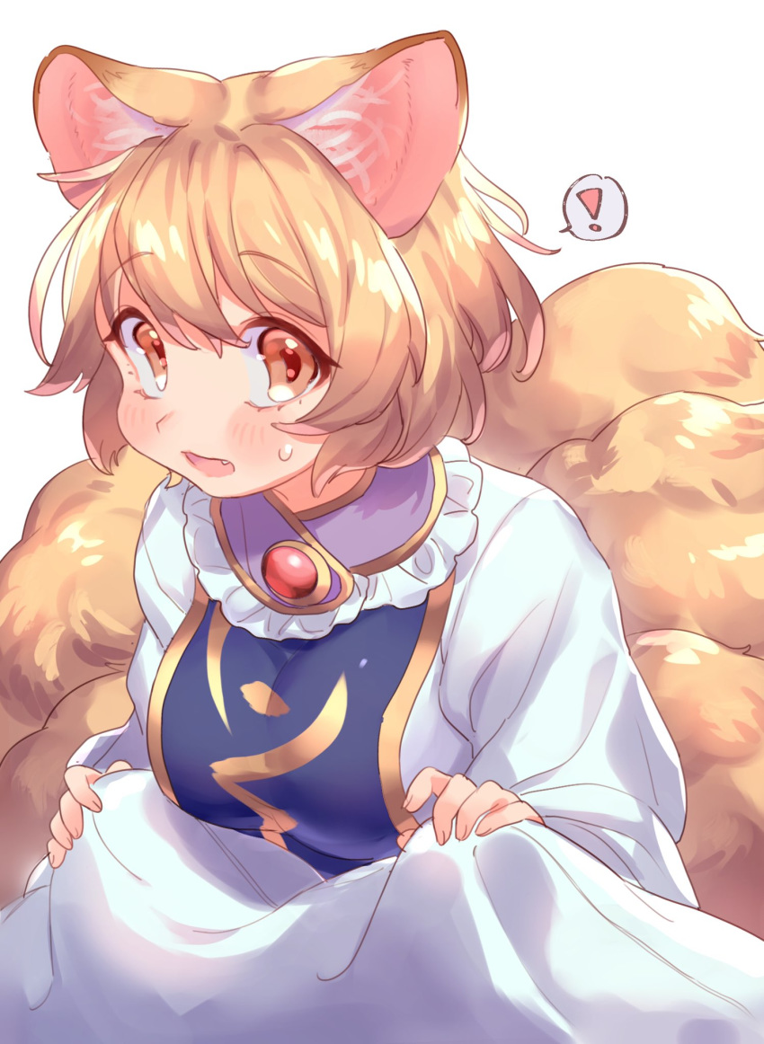 ! 1girl animal_ears bangs blonde_hair blush breasts brown_eyes commentary_request dress eyebrows_visible_through_hair fox_ears fox_tail frilled_shirt_collar frills highres large_breasts looking_at_viewer masanaga_(tsukasa) multiple_tails no_hat no_headwear open_mouth short_hair simple_background solo spoken_exclamation_mark sweat tabard tail touhou upper_body white_background white_dress yakumo_ran