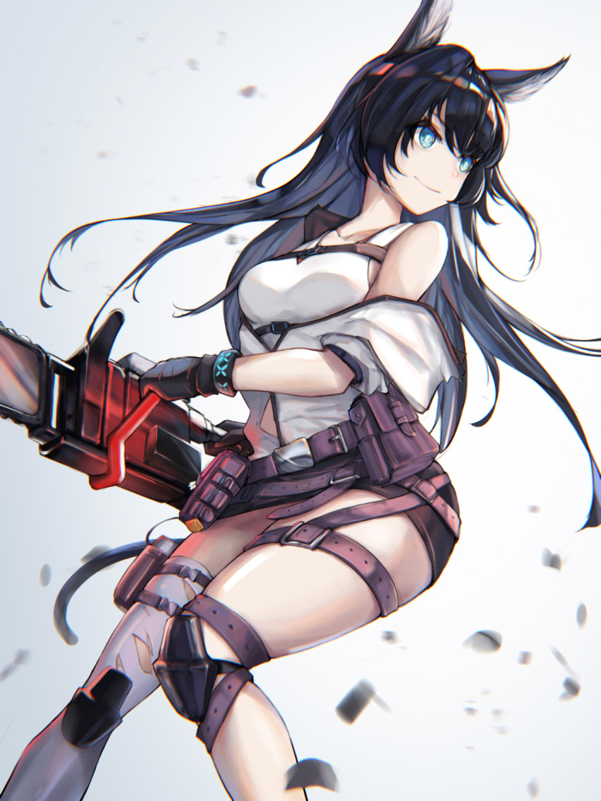 1girl animal_ears arknights belt belt_pouch black_gloves black_hair black_skirt blaze_(arknights) blue_eyes breasts cat_ears cat_tail chainsaw cowboy_shot debris eyyy gloves highres holster jacket knee_pads long_hair medium_breasts midriff miniskirt off_shoulder pouch simple_background single_thighhigh skirt smile solo straight_hair tail tank_top thigh-highs thigh_holster thigh_strap thighs white_background white_jacket white_legwear white_tank_top