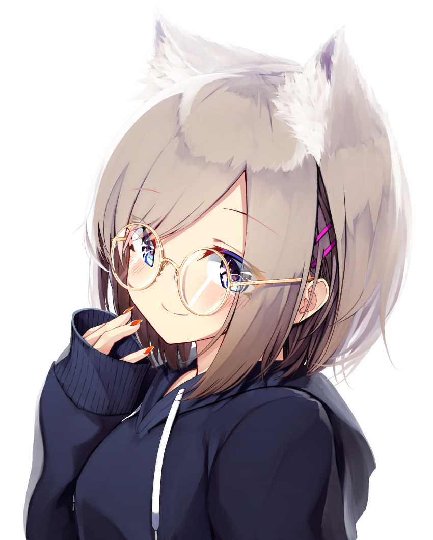 1girl absurdres animal_ear_fluff animal_ears bangs black_hoodie blue_eyes blush brown-framed_eyewear brown_hair closed_mouth commentary_request drawstring eyebrows_visible_through_hair eyes_visible_through_hair fingernails glasses hair_ornament hairclip hand_up highres hood hood_down hoodie long_sleeves looking_at_viewer mayogii nail_polish original red_nails round_eyewear sleeves_past_wrists smile solo swept_bangs white_background
