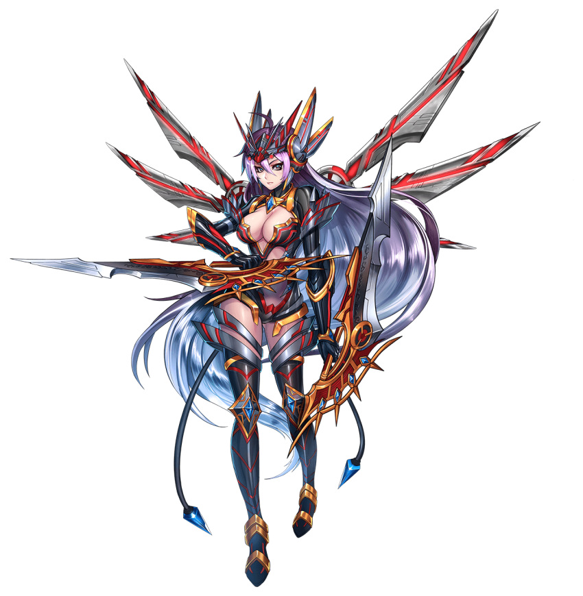 blue_hair blue_pupils brave_frontier breasts cleavage_cutout crown cyborg dual_wielding gauntlets gradient_hair highres holding holding_sword holding_weapon large_breasts leotard long_hair looking_at_viewer mechanical_wings multicolored_hair official_art pink_hair reverse_grip silver_hair sword thigh-highs violet_eyes weapon wings zenia_(brave_frontier)