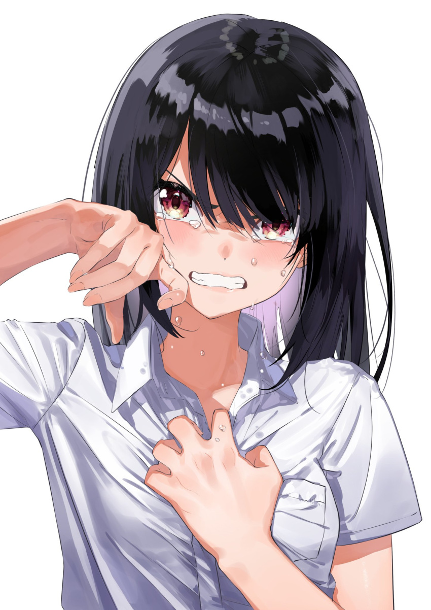 1girl angry arm_up black_hair breast_pocket clenched_teeth collared_shirt commentary_request crying crying_with_eyes_open dress_shirt hair_over_one_eye hand_on_own_chest highres long_hair looking_at_viewer open_mouth original pocket red_eyes shirt short_sleeves simple_background solo taiga_(ryukyu-6102-8) tears teeth v-shaped_eyebrows white_background wing_collar
