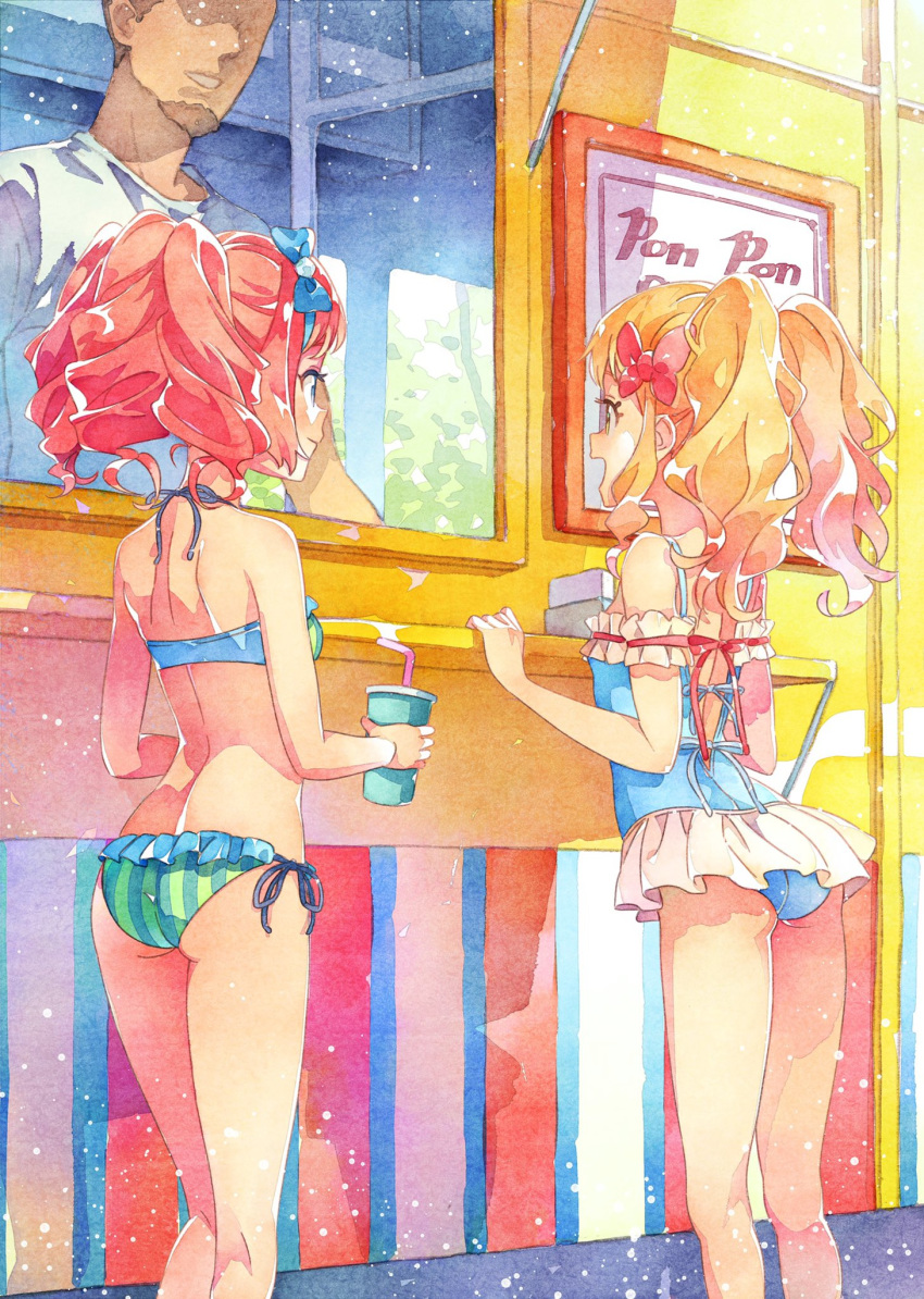 1boy 2girls aikatsu!_(series) aikatsu_stars! bikini blonde_hair blue_eyes bow brown_eyes casual_one-piece_swimsuit commentary_request eyelashes food_stand gradient_hair hair_bow halterneck highres holding_drink katou_akatsuki looking_to_the_side multicolored_hair multiple_girls nijino_yume one-piece_swimsuit open_mouth pink_hair sakuraba_rola side-tie_bikini smile striped swimsuit vertical-striped_bikini vertical_stripes