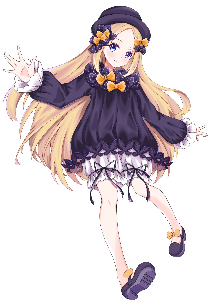 1girl abigail_williams_(fate/grand_order) absurdres bangs black_bow black_footwear black_headwear blonde_hair blue_eyes blush bow commentary_request dress fate/grand_order fate_(series) forehead hair_bow hat highres himecoe long_hair long_sleeves looking_at_viewer orange_bow parted_bangs polka_dot polka_dot_bow ribbon shoes simple_background sleeves_past_wrists solo very_long_hair white_background
