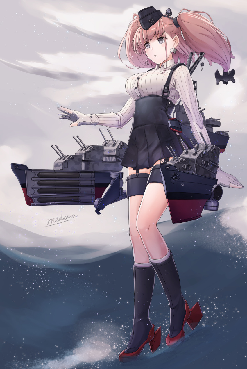 1girl absurdres anchor anchor_hair_ornament atlanta_(kantai_collection) black_footwear black_headwear black_skirt boots bra_through_clothes breasts brown_hair cannon commentary_request dress_shirt earrings full_body garrison_cap garter_straps gloves grey_eyes hair_ornament hat headgear high-waist_skirt highres jewelry kantai_collection large_breasts long_hair long_sleeves machinery medara ocean outdoors partly_fingerless_gloves rigging rudder_footwear shirt skirt solo standing standing_on_liquid star star_earrings suspender_skirt suspenders thigh_strap torpedo torpedo_tubes turret two_side_up water white_gloves white_shirt
