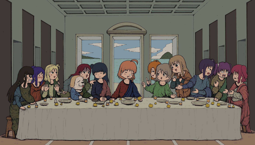 6+girls a_h_kapperfield ahoge angry bangs black_eyes black_hair blonde_hair blue_hair braid closed_eyes clouds cloudy_sky clover_hair_ornament crown_braid cup dog eating fine_art_parody food fruit grey_hair hair_bun hair_ornament hair_rings highres kazuno_leah kazuno_sarah kousaka_honoka kunikida_hanamaru kurosawa_dia kurosawa_ruby light_brown_hair long_hair long_sleeves love_live! love_live!_school_idol_project love_live!_sunshine!! mandarin_orange matsuura_kanan multiple_girls ohara_mari one_side_up onigiri orange_hair parody plate ponytail purple_hair redhead robe sakurauchi_riko shiitake_(love_live!_sunshine!!) short_hair side_braid side_ponytail sidelocks sitting sky sleeping table takami_chika the_last_supper tsushima_yoshiko two_side_up watanabe_you window