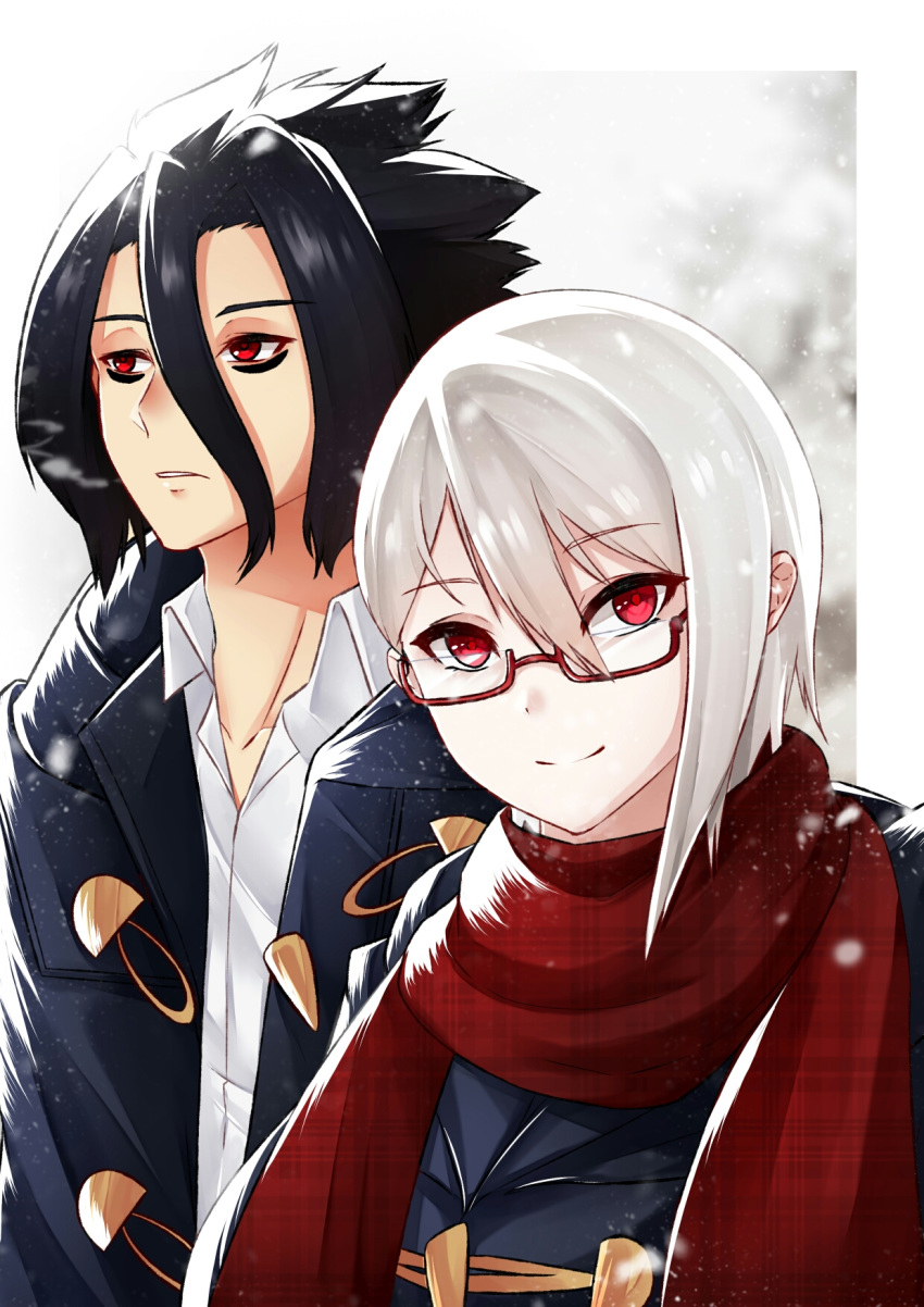 1boy 1girl azuri909 black_jacket blush collarbone commentary glasses hair_between_eyes highres jacket kurokiba_ryou long_hair looking_at_viewer nakiri_alice red_eyes red_scarf scarf shirt shokugeki_no_souma short_hair silver_hair smile solo white_shirt winter