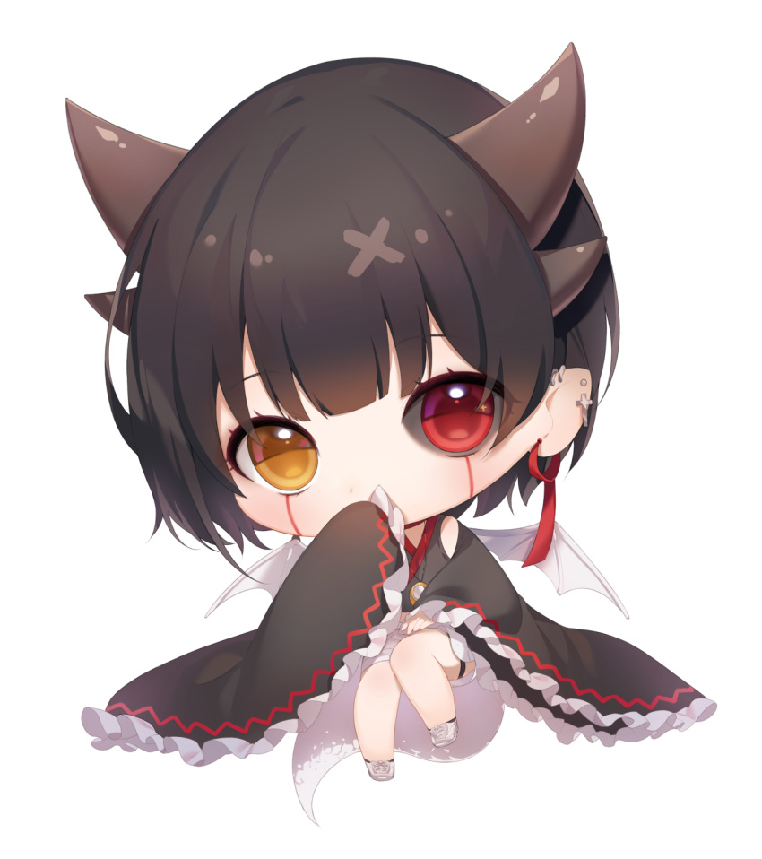 1girl a20_(atsumaru) bangs big_head black_hair black_kimono blush brown_eyes chibi commission covered_mouth cross cross_earrings demon_girl demon_horns demon_wings ear_piercing earrings eyebrows_visible_through_hair frilled_sleeves frills full_body heterochromia highres horns japanese_clothes jewelry kimono long_sleeves looking_at_viewer mini_wings original piercing red_eyes shoes short_shorts shorts simple_background sleeves_past_fingers sleeves_past_wrists solo white_background white_footwear white_shorts white_wings wide_sleeves wings
