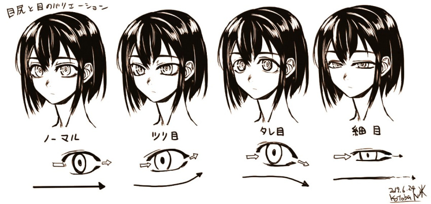 1girl closed_mouth commentary_request dated directional_arrow expressionless expressions eyes greyscale jitome kotoba_noriaki monochrome original portrait short_hair signature tareme translation_request tsurime