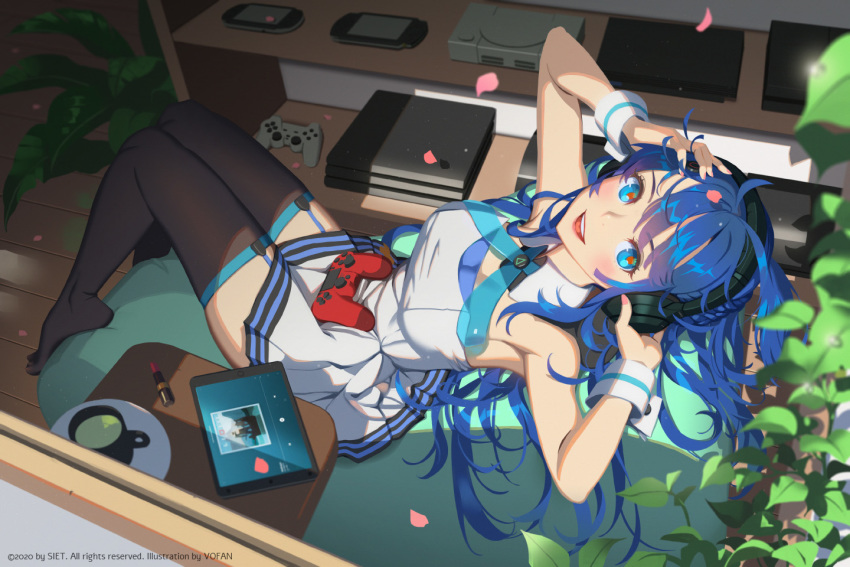 1girl adjusting_headphones ai-chan_(playstation) armpits bean_bag_chair black_legwear blue_eyes blue_hair blush breasts cherry_blossoms cup day detached_collar dress full_body game_console garter_straps handheld_game_console headphones indoors knees_together_feet_apart lips lipstick_tube long_hair looking_at_viewer medium_breasts nail_polish off-shoulder_dress off_shoulder open_mouth petals pink_nails plant playstation playstation_2 playstation_3 playstation_4 playstation_controller playstation_portable playstation_vita red_pupils shade short_dress sitting sleeveless smile solo sony sunlight tablet_pc thigh-highs thighs vofan white_dress wrist_cuffs