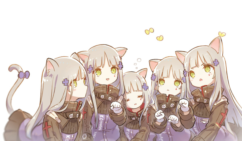 5girls :&lt; :d alithea_jane animal animal_ear_fluff animal_ears bangs black_skirt blush_stickers bow breasts bug butterfly cat_ears cat_girl cat_tail closed_eyes closed_mouth facial_mark girls_frontline gloves green_eyes grey_hair hair_ornament hk416_(girls_frontline) insect jacket kemonomimi_mode long_hair long_sleeves multiple_girls multiple_persona open_mouth parted_lips paw_pose pleated_skirt purple_bow purple_jacket simple_background skirt sleeping small_breasts smile tail tail_bow very_long_hair white_background white_gloves