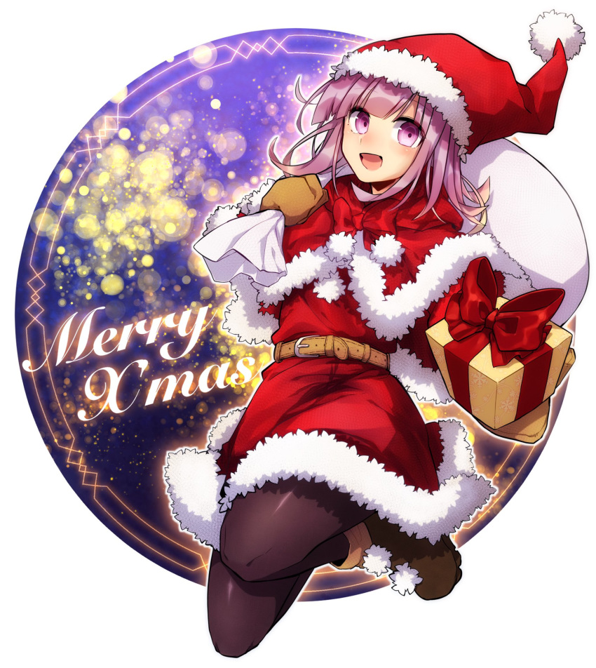 1girl bangs belt black_legwear brown_belt brown_footwear commentary_request dangan_ronpa eyebrows_visible_through_hair fur_trim gift hair_ornament hat highres holding holding_gift holding_sack long_hair merry_christmas nanami_chiaki open_mouth pantyhose pink_eyes pink_hair red_headwear sack santa_costume santa_hat shoes solo super_dangan_ronpa_2 syati_kino