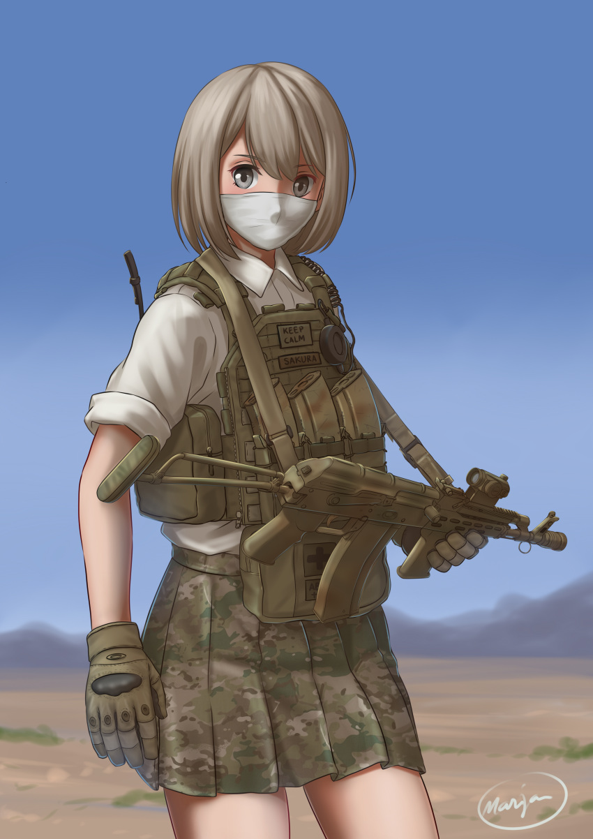 1girl absurdres ak-74 assault_rifle camouflage camouflage_skirt commentary cowboy_shot desert gloves grey_eyes gun highres hill load_bearing_vest looking_at_viewer mask military millimeter mouth_mask original pleated_skirt rifle short_hair signature silver_hair skirt sky sleeves_rolled_up sling soldier solo walkie-talkie weapon