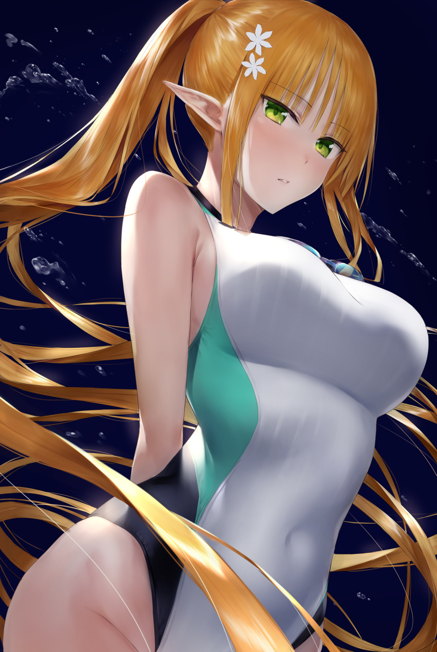 1girl akitaka_akita arms_behind_back bangs bare_shoulders blonde_hair blush breasts competition_swimsuit covered_navel elf flower hair_flower hair_ornament highres large_breasts long_hair looking_at_viewer one-piece_swimsuit original parted_lips pointy_ears ponytail sidelocks solo swimsuit very_long_hair