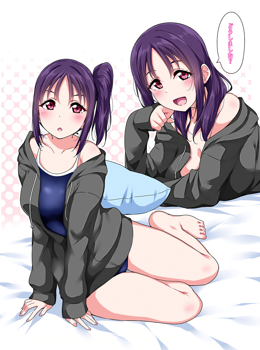 1girl :d absurdres bangs blush breasts highres huge_filesize kazuno_sarah long_hair looking_at_viewer love_live! love_live!_sunshine!! open_mouth purple_hair school_swimsuit side_ponytail sidelocks slime smile solo swimsuit thighs translated violet_eyes yopparai_oni