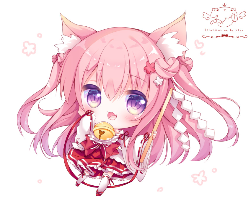 1girl :3 :d animal_ear_fluff animal_ears bangs bell blush bow chibi commentary_request eyebrows_visible_through_hair fang flower full_body fuxiyu gohei hair_between_eyes hair_flower hair_ornament holding japanese_clothes jingle_bell kimono kneehighs long_hair long_sleeves miko open_mouth original pink_hair pleated_skirt red_bow red_flower red_footwear red_skirt ribbon-trimmed_legwear ribbon-trimmed_sleeves ribbon_trim signature simple_background skirt sleeves_past_fingers sleeves_past_wrists smile solo two_side_up very_long_hair violet_eyes white_background white_flower white_kimono white_legwear wide_sleeves zouri
