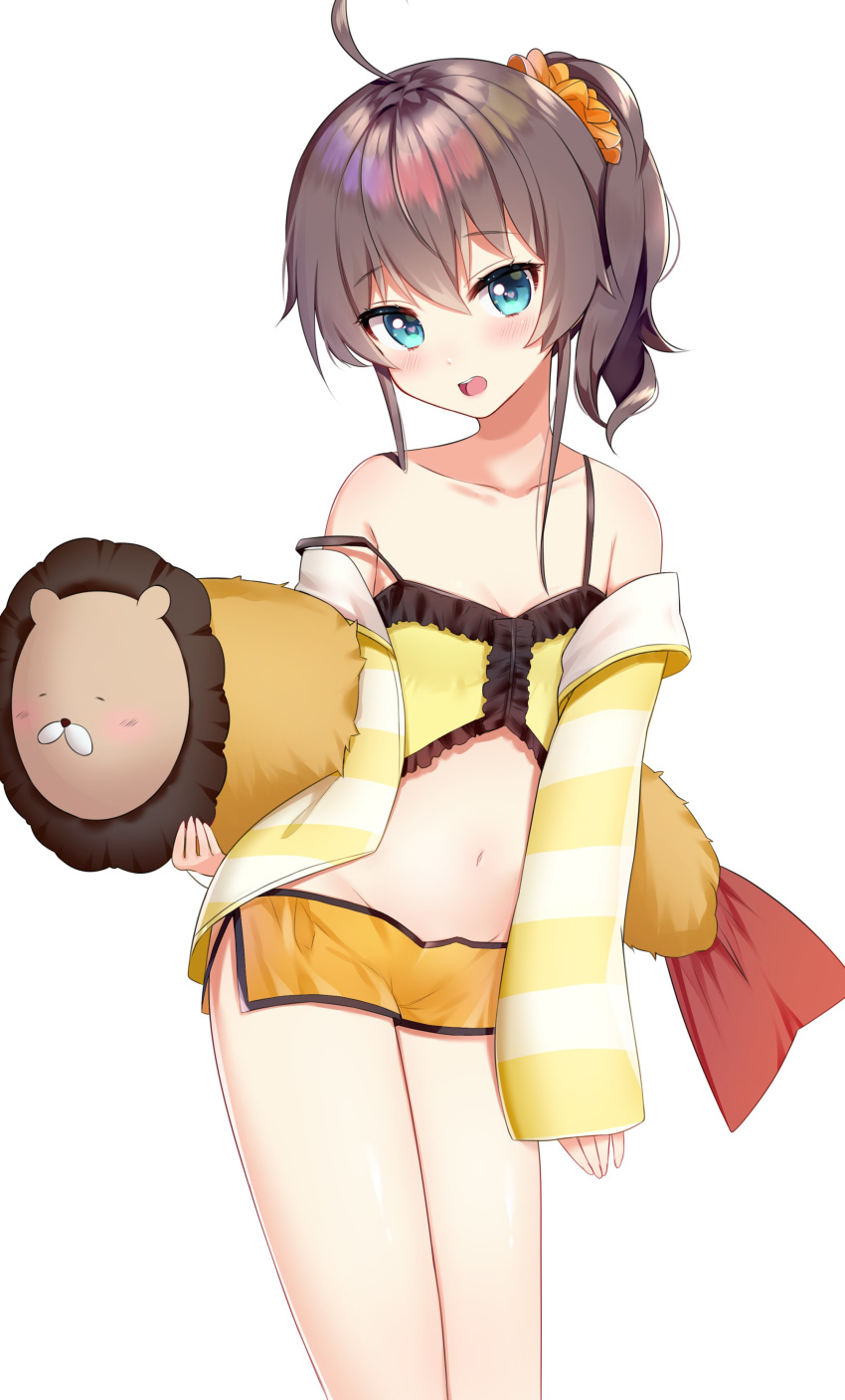 1girl :d absurdres ahoge bangs bare_shoulders blue_eyes blush breasts brown_hair camisole collarbone commentary_request ebi_frion_(matsuri_channel) eyebrows_visible_through_hair frilled_camisole frills groin hair_between_eyes hair_ornament hair_scrunchie heart heart-shaped_pupils highres hololive jacket long_sleeves looking_at_viewer lowleg lowleg_shorts matsuri_channel natsuiro_matsuri navel neginoki off_shoulder open_clothes open_jacket open_mouth orange_scrunchie orange_shorts scrunchie short_shorts shorts side_ponytail sidelocks simple_background sleeves_past_wrists small_breasts smile solo striped_jacket stuffed_toy symbol-shaped_pupils white_background yellow_camisole