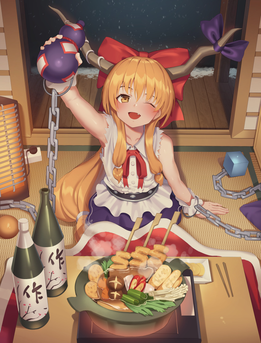 1girl absurdres arm_up bangs bare_arms bare_shoulders blue_bow bottle bow brown_eyes chain chopsticks cube cuffs fang food from_above goback gourd hair_between_eyes hair_bow heater highres holding horn_bow horn_ribbon horns hotpot huge_filesize ibuki_suika indoors kotatsu long_hair looking_at_viewer low-tied_long_hair night one_eye_closed oni open_mouth orange_hair red_bow ribbon shackles shirt sitting skirt sleeveless sleeveless_shirt sliding_doors smile snow snowing solo sphere steam table torn_clothes torn_sleeves touhou very_long_hair white_shirt