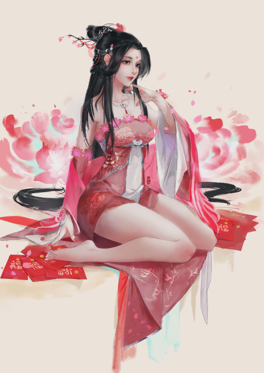 1girl absurdres barefoot blush bun_cover china_dress chinese_clothes dress highres ink_wash_painting long_hair moonlight_blade pelvic_curtain red_dress skirt solo sumi-e xiao_qigai_luoke