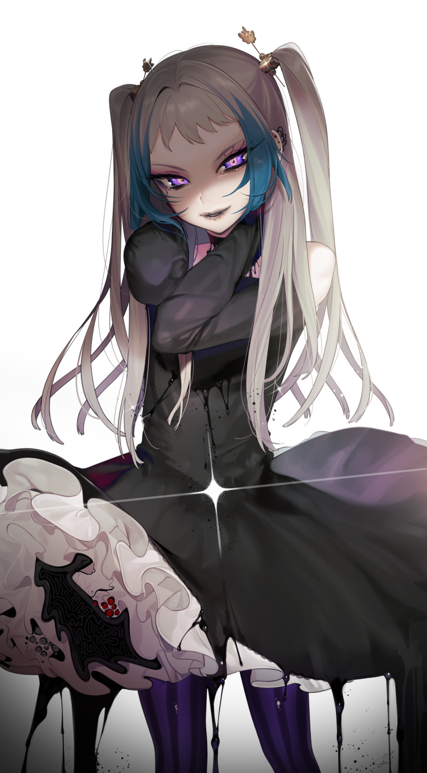 1boy absurdres bare_shoulders black_dress blue_hair cowboy_shot detached_sleeves dress earrings eyeshadow glint gothic_lolita grey_hair hair_intakes hands_up highres jewelry lolita_fashion long_hair long_sleeves looking_at_viewer makeup male_focus ohisashiburi original otoko_no_ko pantyhose parted_lips petticoat purple_legwear simple_background slime smile solo standing striped striped_legwear two-tone_hair_girl_(ohisashiburi) two_side_up vertical-striped_legwear vertical_stripes violet_eyes white_background