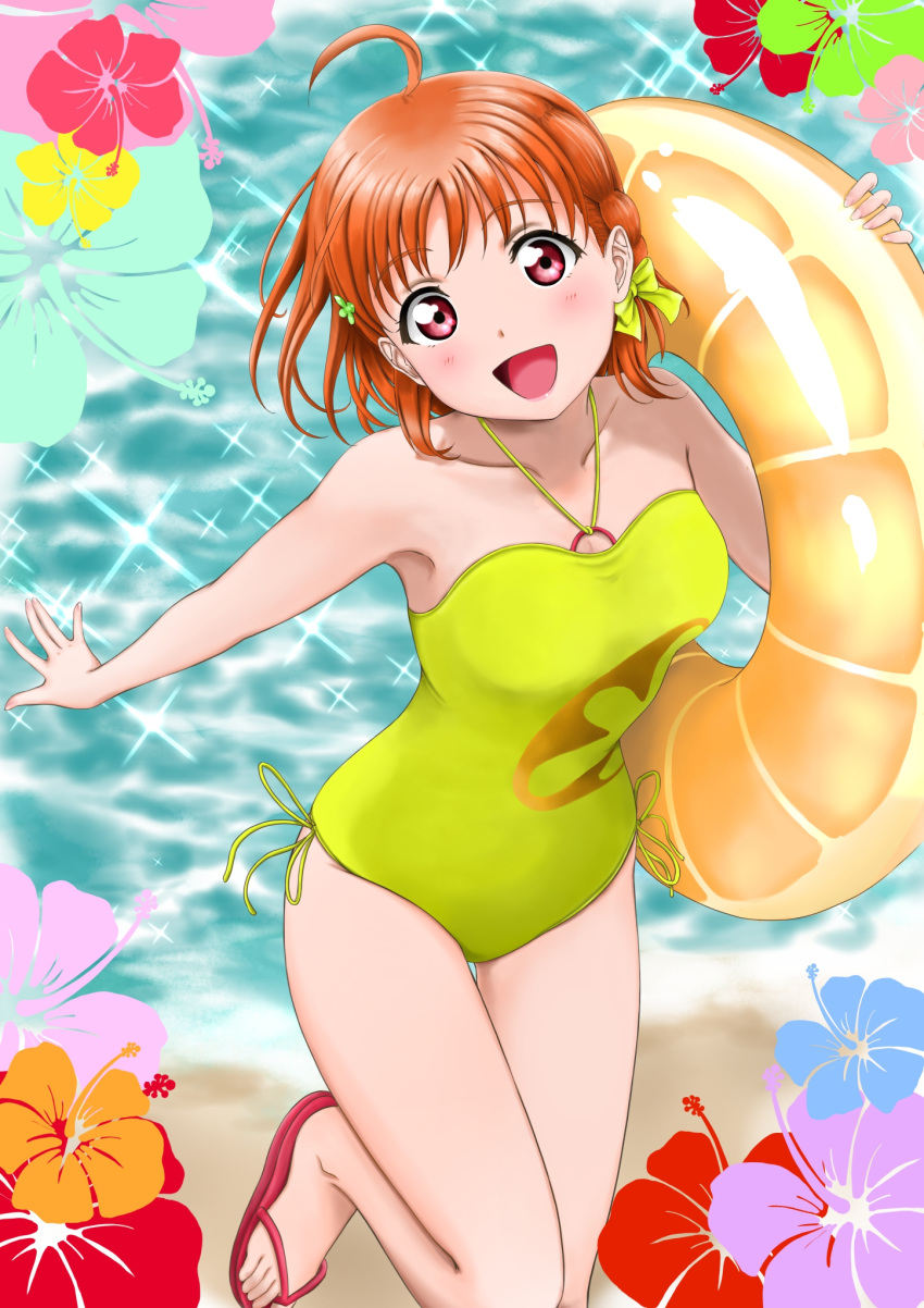 1girl :d ahoge alternate_costume arm_behind_back armpit_peek arms_up ascii_media_works bangs beach bosutonii braid breasts bushiroad collarbone commentary_request cute eyebrows_visible_through_hair flip-flops flower glint hair_ribbon head_tilt hibiscus highres holding holding_innertube innertube jewelry kimino_sakurako looking_at_viewer love_live! love_live!_sunshine!! medium_breasts ocean one-piece_swimsuit open_mouth orange_hair outstretched_arm pendant red_footwear ribbon sandals short_hair single_braid smile solo standing standing_on_one_leg sunrise_(studio) swimsuit takami_chika violet_eyes yellow_swimsuit