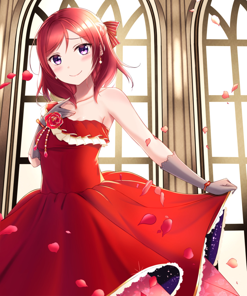 1girl bow braid breasts day dress gloves grey_gloves hand_up highres indoors looking_at_viewer love_live! love_live!_school_idol_project medium_hair mobukichi nishikino_maki petals red_bow red_dress redhead skirt_hold small_breasts smile violet_eyes window