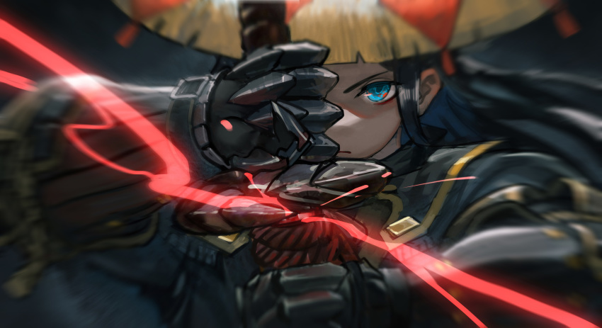 1girl absurdres black_hair blue_eyes close-up drawing_sword face gauntlets hat highres jun_(5455454541) long_hair looking_at_viewer monster_hunter solo sword weapon