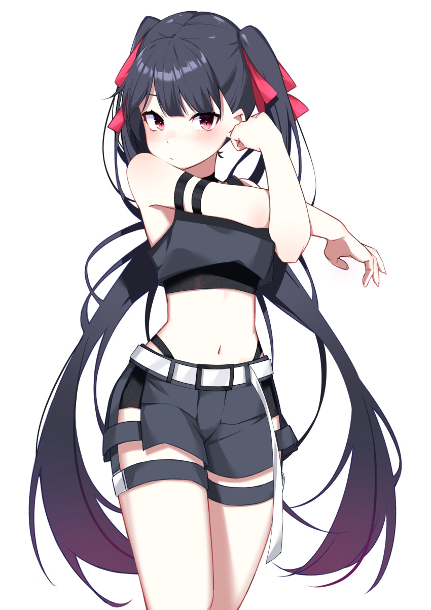 1girl arm_strap bare_shoulders belt black_hair black_shirt black_shorts choker commentary_request cowboy_shot crop_top gradient_hair hair_ribbon highleg highres ichiki_1 long_hair looking_at_viewer midriff multicolored_hair navel original red_eyes red_ribbon ribbon shirt short_shorts shorts simple_background sleeveless sleeveless_shirt solo stomach stretch thighs twintails very_long_hair white_background