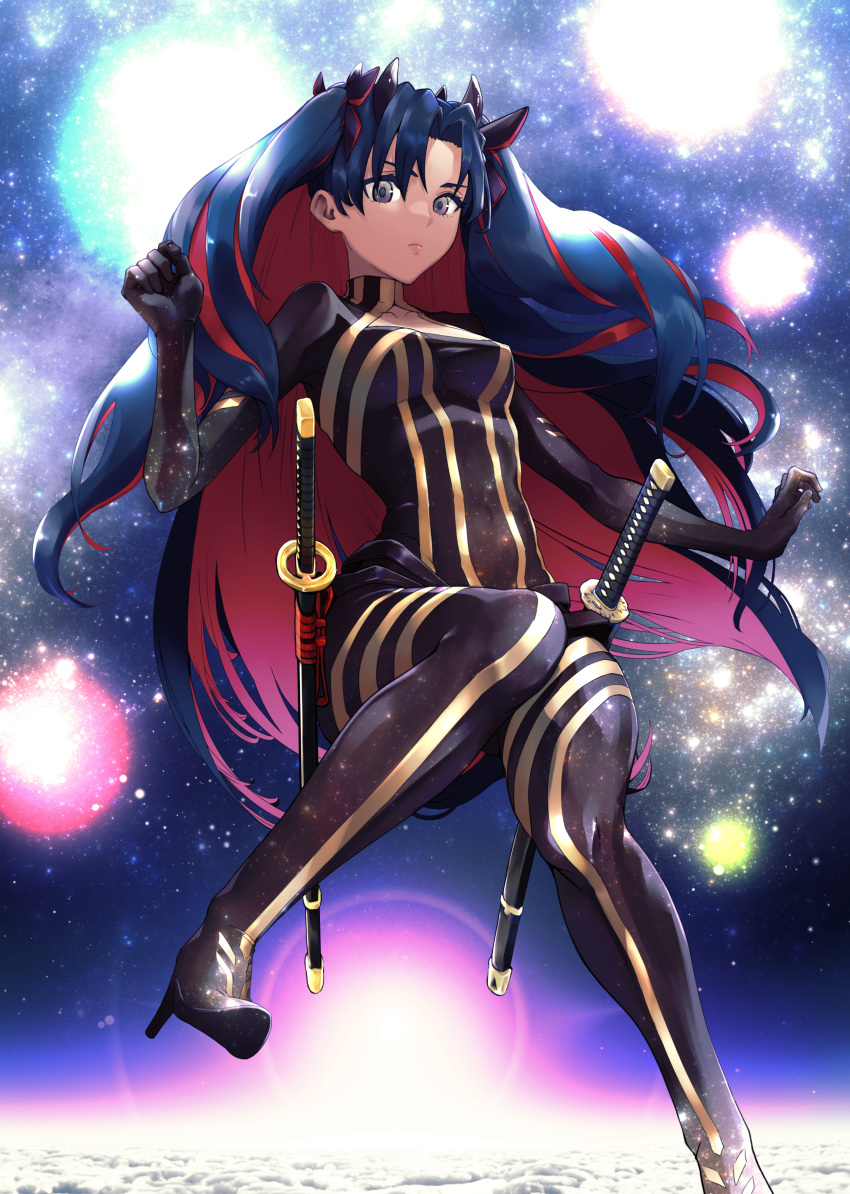 1girl absurdres black_eyes bodysuit clouds fate/grand_order fate_(series) high_heels highres huge_filesize ishtar_(fate)_(all) katana long_hair multicolored_hair space space_ishtar_(fate) sword two-tone_hair uso_ashio weapon