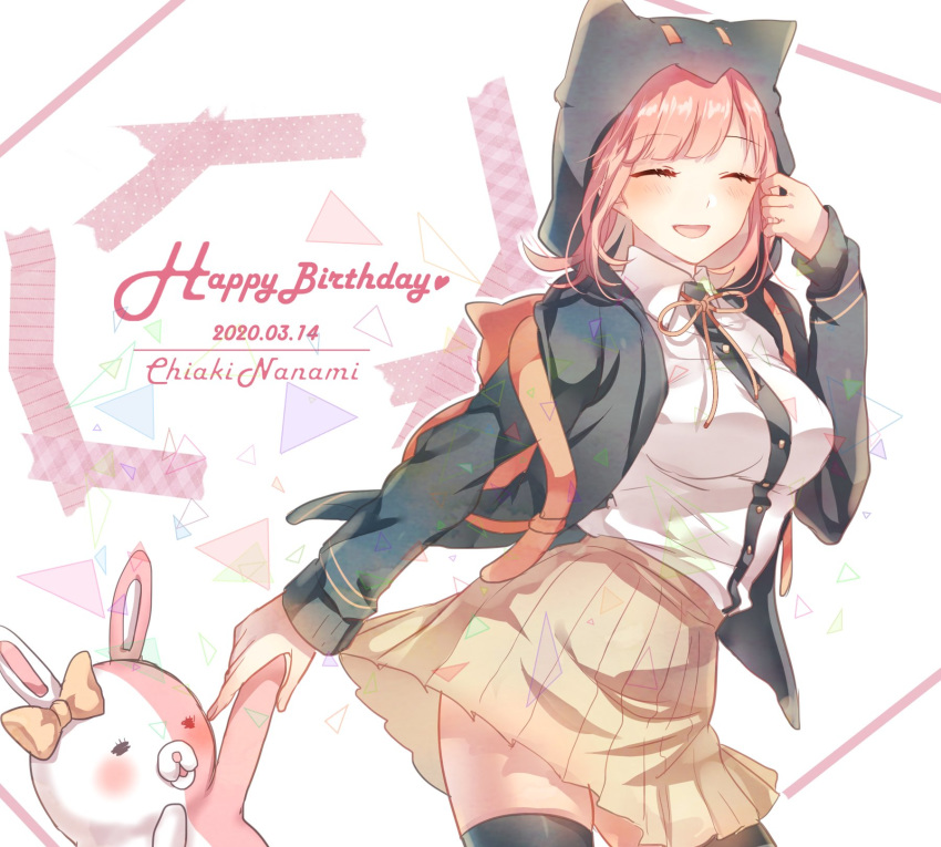 1girl backpack bag bangs black_legwear breasts character_name commentary_request dangan_ronpa dated flipped_hair hair_ornament happy_birthday highres hood hoodie large_breasts looking_at_viewer miyuzu monomi_(dangan_ronpa) nanami_chiaki pink_hair pink_neckwear pink_ribbon pleated_skirt ribbon shirt short_hair skirt smile super_dangan_ronpa_2 thigh-highs white_shirt