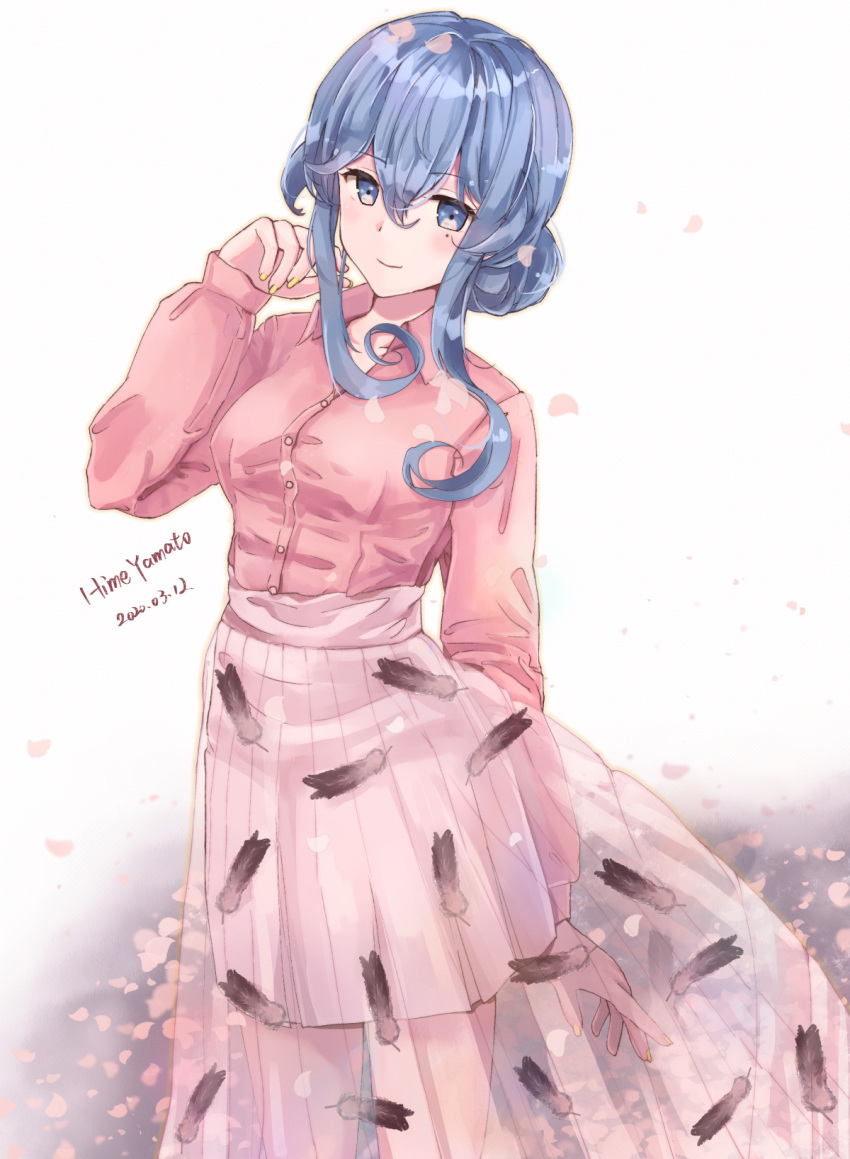 1girl alternate_costume bangs blue_eyes blue_hair cake_no_shaberu casual cherry closed_mouth collared_shirt eyebrows_visible_through_hair feather_print flower food fruit gotland_(kantai_collection) hair_between_eyes hair_bun hand_up highres kantai_collection long_hair long_sleeves looking_at_viewer mole mole_under_eye nail_polish pink_shirt revision see-through shirt sidelocks skirt smile standing white_background wing_collar yellow_nails