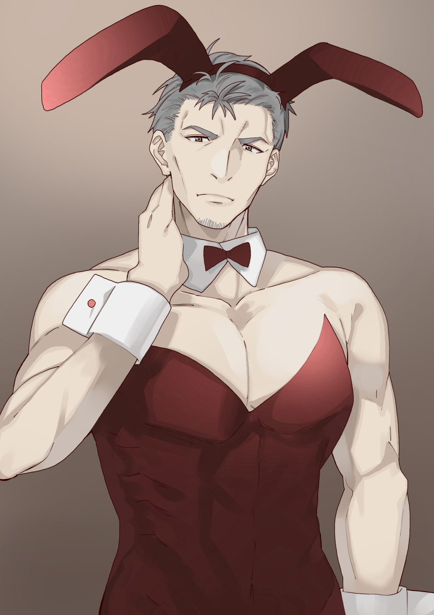 1boy absurdres animal_ears bare_shoulders bunny_boy bunnysuit closed_mouth crossdressinging detached_collar facial_hair fake_animal_ears grey_hair hand_on_own_neck highres looking_at_viewer maimoto_keisuke male_focus male_playboy_bunny nijisanji pectorals rabbit_ears simple_background stubble tonari_no_kai_keruberosu upper_body virtual_youtuber wrist_cuffs