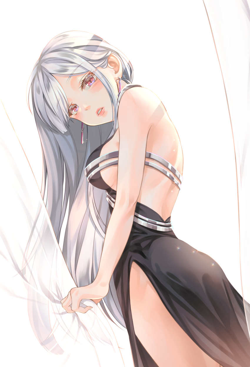 1girl absurdres ak-12_(girls_frontline) backless_dress backless_outfit bare_shoulders blush breasts curtain_grab curtains dress earrings evening_gown eyebrows_visible_through_hair from_below girls_frontline gonzz_(gon2rix) head_tilt highres jewelry large_breasts long_hair looking_at_viewer multicolored multicolored_eyes parted_lips pink_lips side_slit sideboob silver_hair thighs