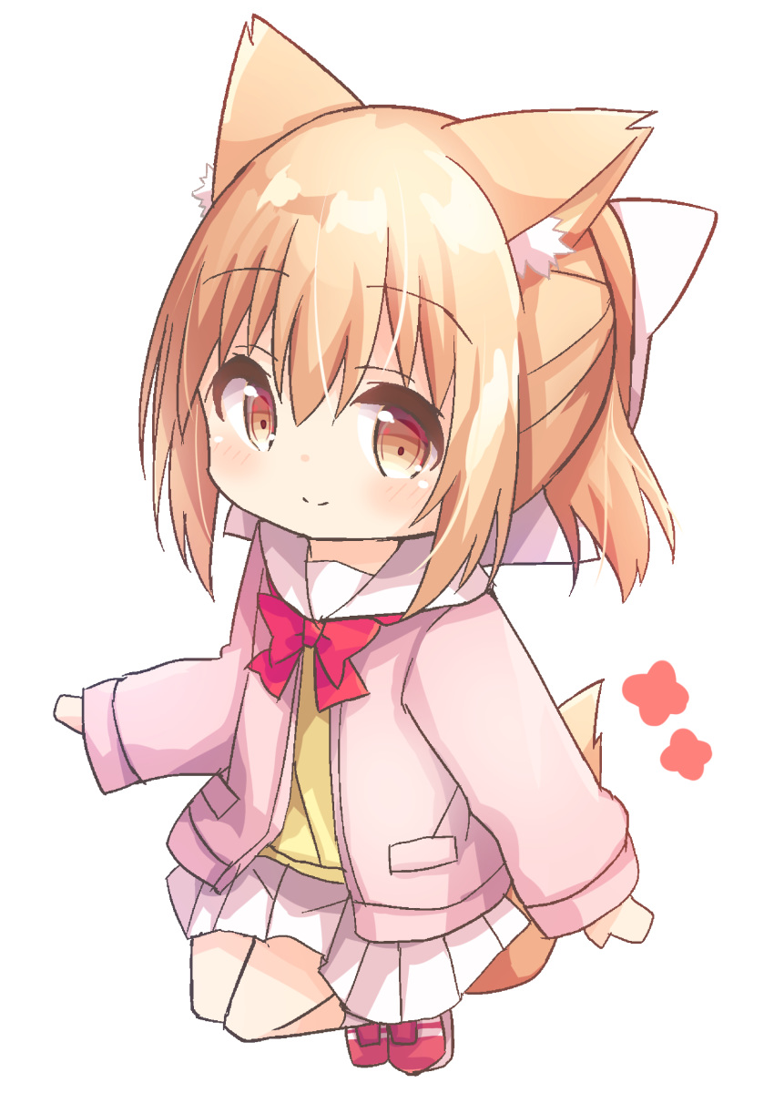 1girl animal_ear_fluff animal_ears bangs blush bow brown_eyes chibi closed_mouth commentary_request eyebrows_visible_through_hair full_body hair_between_eyes hair_bow highres jacket light_brown_hair long_sleeves looking_at_viewer nakkar open_clothes open_jacket original pink_jacket pleated_skirt ponytail red_bow red_footwear sailor_collar shirt shoes simple_background skirt smile solo tail white_background white_bow white_sailor_collar white_skirt yellow_shirt