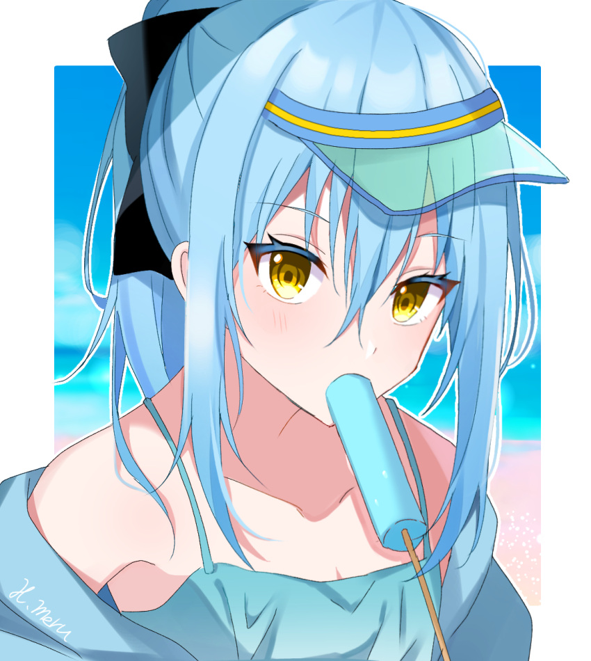 1other bare_shoulders beach bikini blue_bikini blue_hair collarbone day eyelashes food food_in_mouth hair_between_eyes highres jacket light_blush long_hair meru_hinano mouth_hold ponytail popsicle rimuru_tempest simple_background solo summer swimsuit tensei_shitara_slime_datta_ken upper_body visor_cap white_background