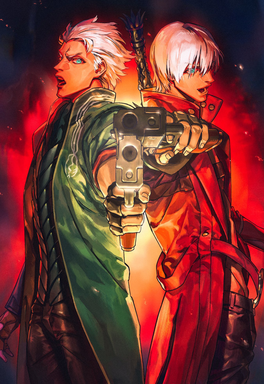 2boys belt black_belt black_gloves blue_eyes brown_gloves coat dante_(devil_may_cry) devil_may_cry devil_may_cry_3 eyebrows_visible_through_hair eyes_visible_through_hair fingerless_gloves fingernails glint gloves green_coat gun hair_slicked_back highres holding holding_gun holding_weapon johngaramond multiple_boys open_mouth red_coat sleeves_rolled_up smile sword sword_behind_back teeth vergil weapon white_hair