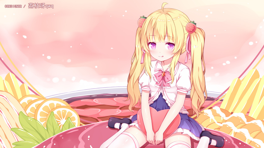 1girl blonde_hair blush candy flat_chest flocflower food fruit highres original sweets thigh-highs twintails