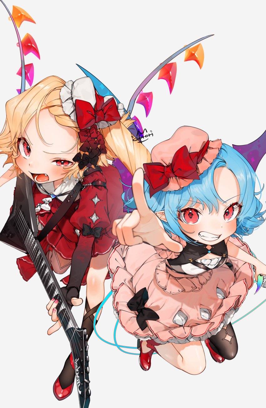 2girls artist_name bangs bat_wings black_bow black_gloves black_legwear blonde_hair blue_hair blush bow clenched_teeth commentary_request crystal dress electric_guitar eyebrows_visible_through_hair fang fingerless_gloves flandre_scarlet forehead gloves gotoh510 grey_background guitar hat hat_bow highres holding holding_instrument instrument juliet_sleeves kneehighs long_hair long_sleeves looking_at_viewer mini_hat mob_cap multiple_girls nail_polish open_mouth pink_dress pink_headwear pointing puffy_sleeves red_bow red_dress red_eyes red_footwear red_nails remilia_scarlet shoes short_hair short_sleeves siblings side_ponytail signature simple_background sisters teeth touhou uneven_eyes white_headwear wings