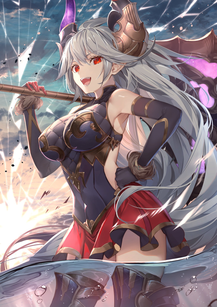 1girl :d armored_boots armpits backlighting bare_shoulders black_gloves black_shirt blue_sky boots breasts cowboy_shot draph elbow_gloves gloves gold_trim granblue_fantasy grey_hair hand_on_hip hand_up highres holding holding_weapon horns kaerunoko large_breasts long_hair looking_at_viewer miniskirt open_mouth pointy_ears red_eyes red_skirt sharp_teeth shirt side_cutout skirt sky sleeveless sleeveless_shirt smile solo teeth thalatha_(granblue_fantasy) thigh-highs thigh_boots very_long_hair weapon zettai_ryouiki