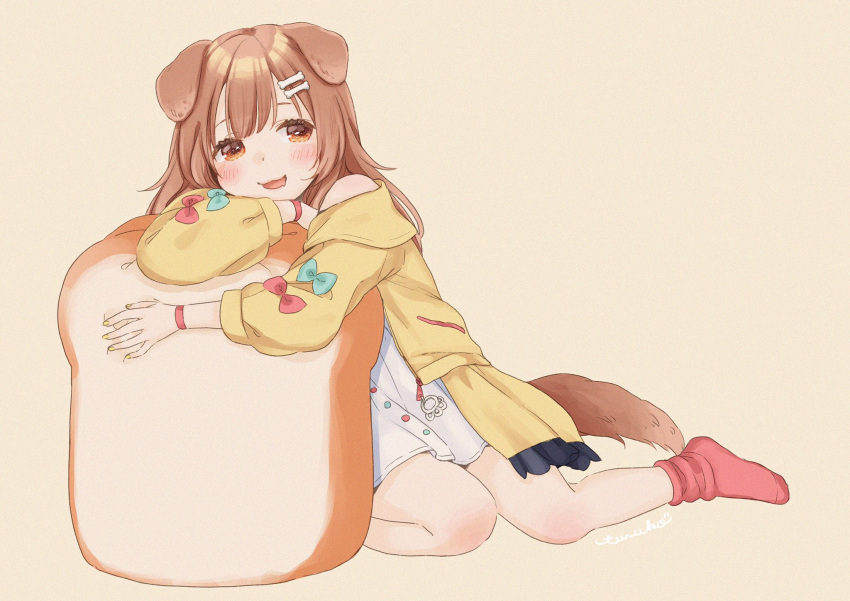 1girl animal_ears bare_shoulders beige_background blush bow bracelet bread brown_eyes brown_hair dog_ears dog_girl dog_tail drooling fingernails food green_bow highres hololive inugami_korone jewelry long_hair mizutamako open_mouth red_bow red_legwear signature simple_background smile socks solo tail yellow_nails