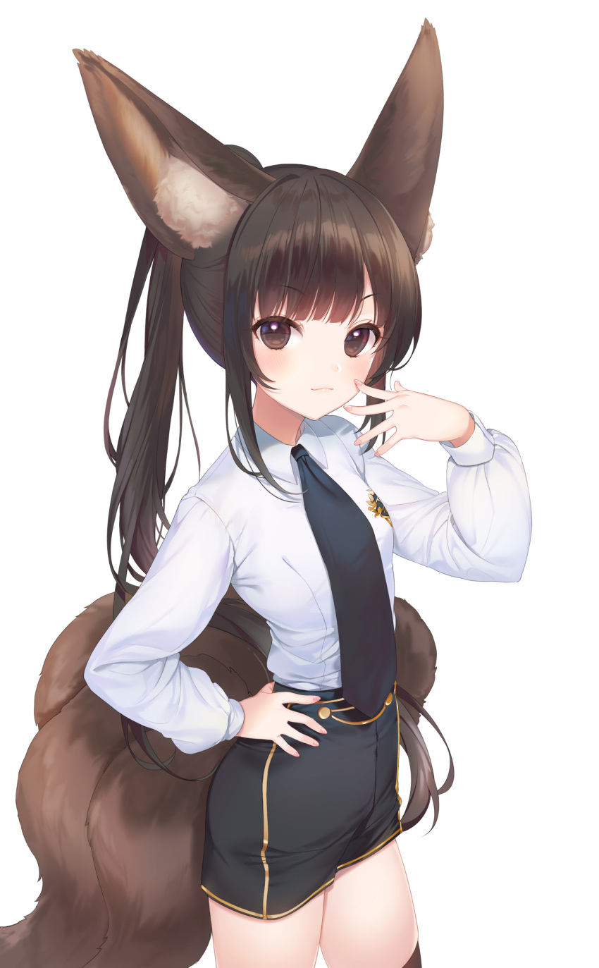 1girl :3 a20_(atsumaru) absurdres animal_ear_fluff animal_ears bangs black_neckwear black_skirt blush brown_eyes brown_hair brown_legwear closed_mouth collared_shirt commission eyebrows_visible_through_hair fox_ears fox_girl fox_tail hand_on_hip hand_to_own_mouth hand_up highres kitsune long_hair long_sleeves looking_at_viewer nail_polish necktie original pink_nails ponytail shirt sidelocks simple_background skindentation skirt solo tail thigh-highs very_long_hair white_background white_shirt