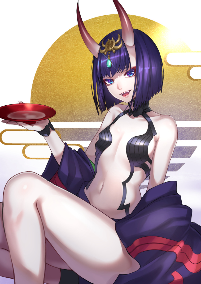 1girl :d alcohol bangs bare_shoulders blue_eyes breasts collarbone commentary_request cup fang fate/grand_order fate_(series) feet_out_of_frame hand_up head_tilt headpiece highres holding holding_cup horns japanese_clothes kimono looking_at_viewer navel off_shoulder oni oni_horns open_mouth purple_hair purple_kimono re_(re_09) revealing_clothes sakazuki sake short_hair shuten_douji_(fate/grand_order) sitting small_breasts smile solo stomach thighs white_background wristband