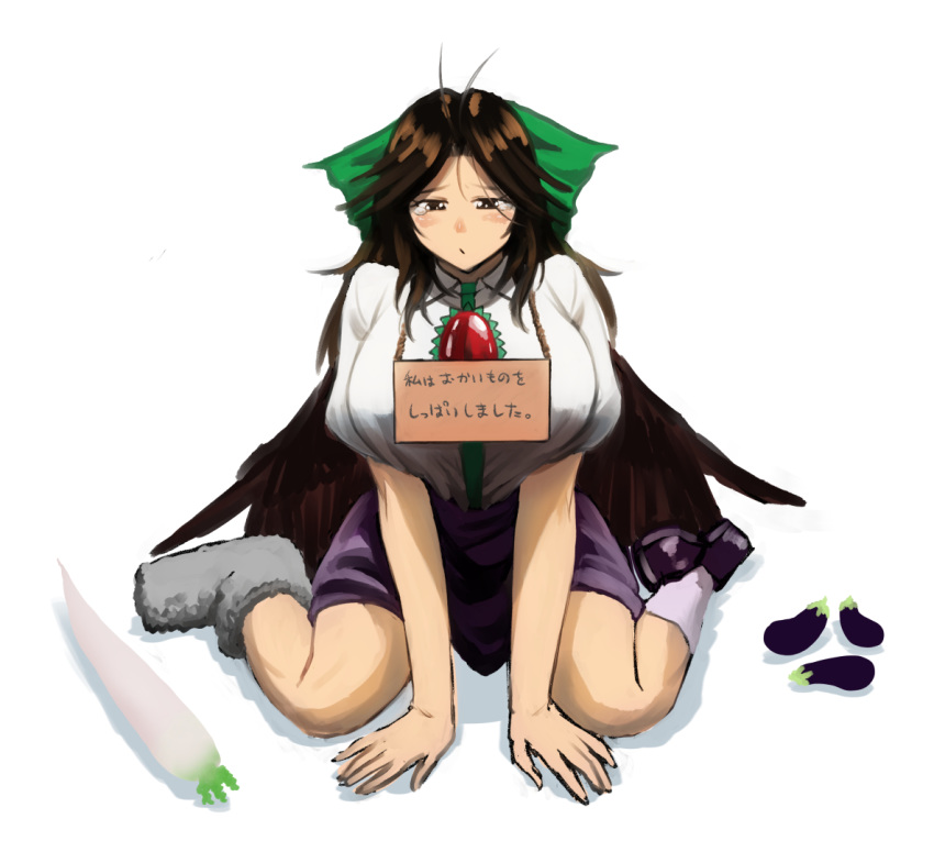 1girl :/ antenna_hair bare_arms bird_wings black_wings blouse bow breasts brown_eyes brown_hair closed_mouth collared_blouse commentary_request eggplant food furrowed_eyebrows green_bow green_skirt hair_bow half-closed_eyes huge_breasts koyubi_(littlefinger1988) long_hair looking_down mismatched_footwear puffy_short_sleeves puffy_sleeves raddish red_eyes reiuji_utsuho shoes short_sleeves sign sign_around_neck single_shoe sitting skirt slit_pupils solo tearing_up third_eye touhou translation_request unhappy vegetable wariza white_blouse wing_collar wings