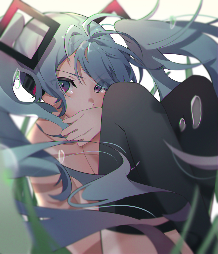 1girl absurdres aqua_eyes aqua_hair blurry commentary covering_mouth depth_of_field hair_ornament hatsune_miku headphones highres inarineko knees_to_chest long_hair looking_at_viewer solo thigh-highs topless twintails v-shaped_eyebrows very_long_hair vocaloid water_drop